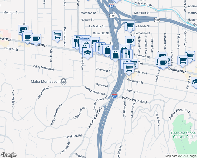 map of restaurants, bars, coffee shops, grocery stores, and more near 15457 Varden Street in Los Angeles
