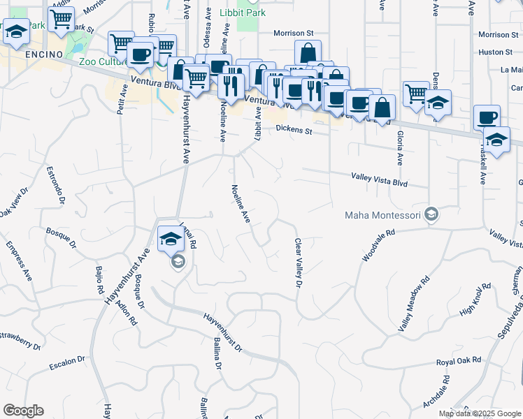 map of restaurants, bars, coffee shops, grocery stores, and more near 4445 Bergamo Drive in Los Angeles