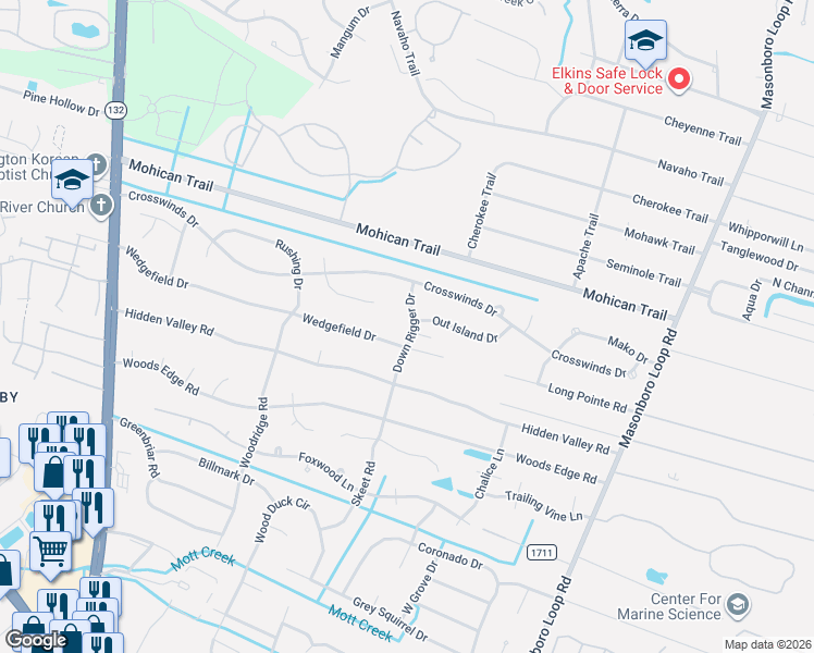 map of restaurants, bars, coffee shops, grocery stores, and more near 5909 Down Rigger Drive in Wilmington