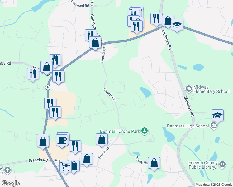 map of restaurants, bars, coffee shops, grocery stores, and more near 1250 Hampton Oaks Drive in Alpharetta