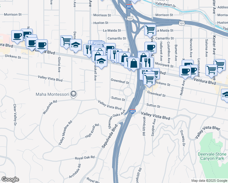 map of restaurants, bars, coffee shops, grocery stores, and more near 15457 Varden Street in Los Angeles