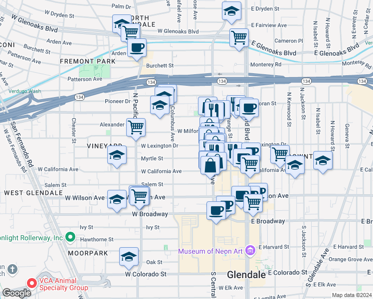 map of restaurants, bars, coffee shops, grocery stores, and more near 352 West Lexington Drive in Glendale