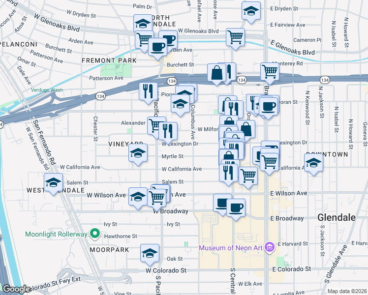 map of restaurants, bars, coffee shops, grocery stores, and more near 416 West Lexington Drive in Glendale