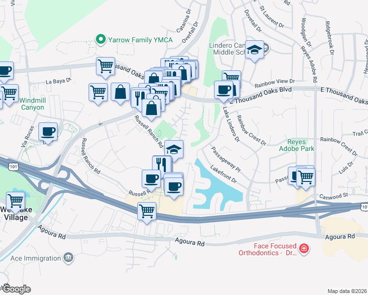 map of restaurants, bars, coffee shops, grocery stores, and more near 30801 Calaise Court in Westlake Village