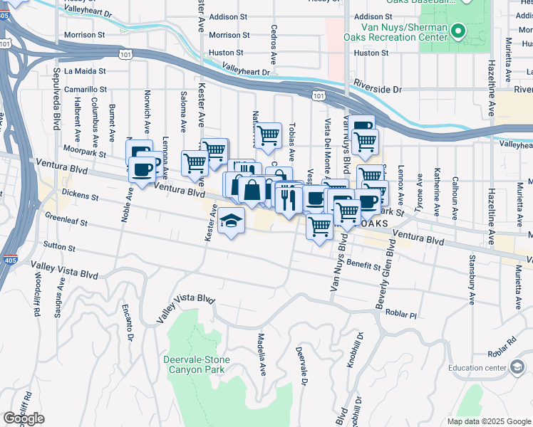 map of restaurants, bars, coffee shops, grocery stores, and more near 14709 Ventura Boulevard in Los Angeles