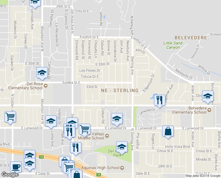 map of restaurants, bars, coffee shops, grocery stores, and more near 25551 North Street in San Bernardino