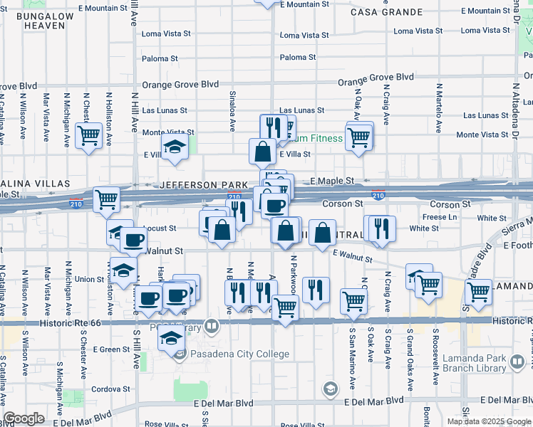 map of restaurants, bars, coffee shops, grocery stores, and more near in Pasadena