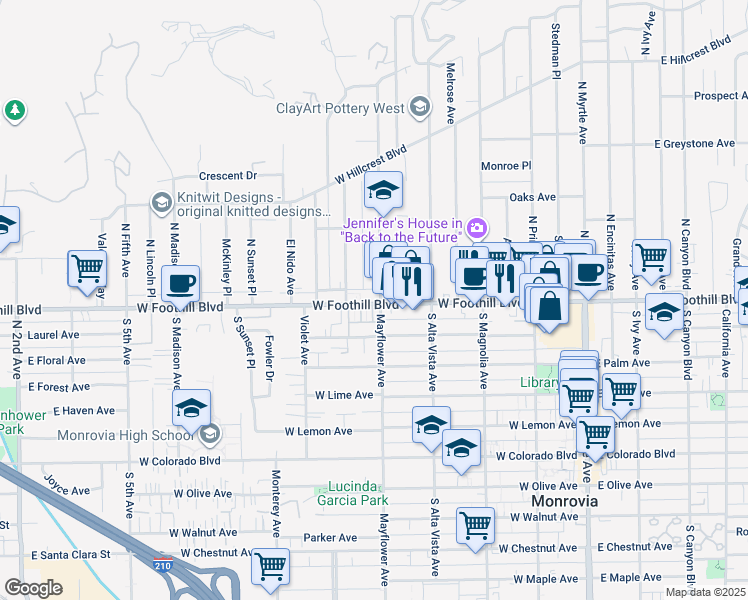 map of restaurants, bars, coffee shops, grocery stores, and more near 122 North Mayflower Avenue in Monrovia
