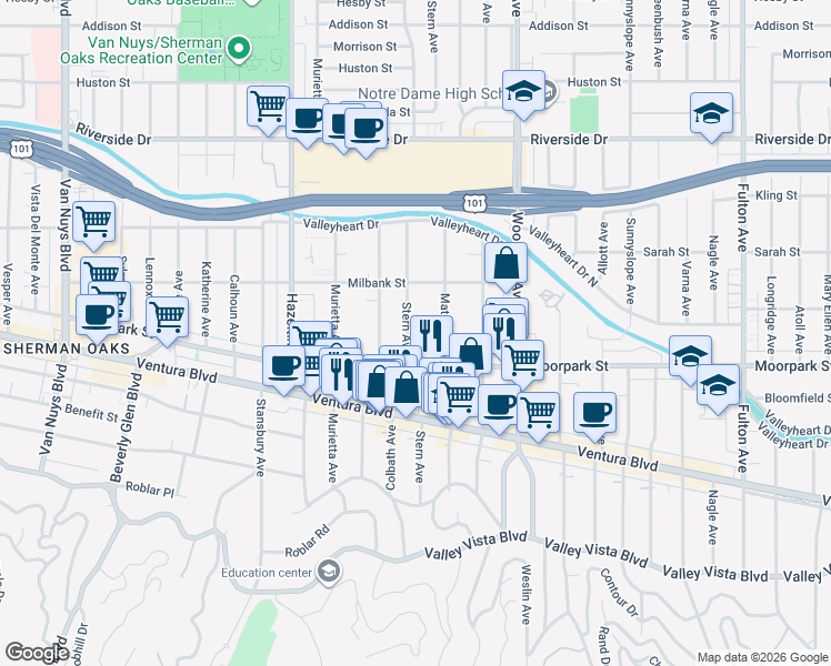 map of restaurants, bars, coffee shops, grocery stores, and more near 4434 Stern Avenue in Los Angeles
