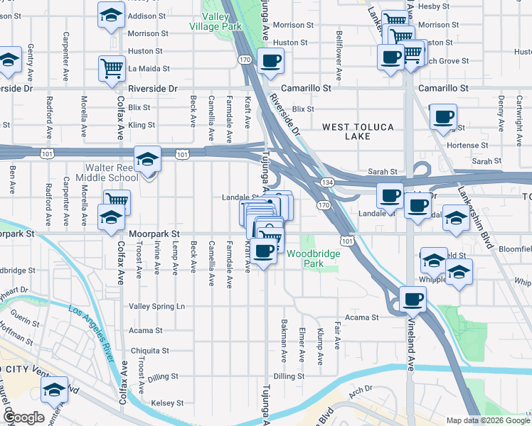 map of restaurants, bars, coffee shops, grocery stores, and more near Tujunga Avenue in Los Angeles