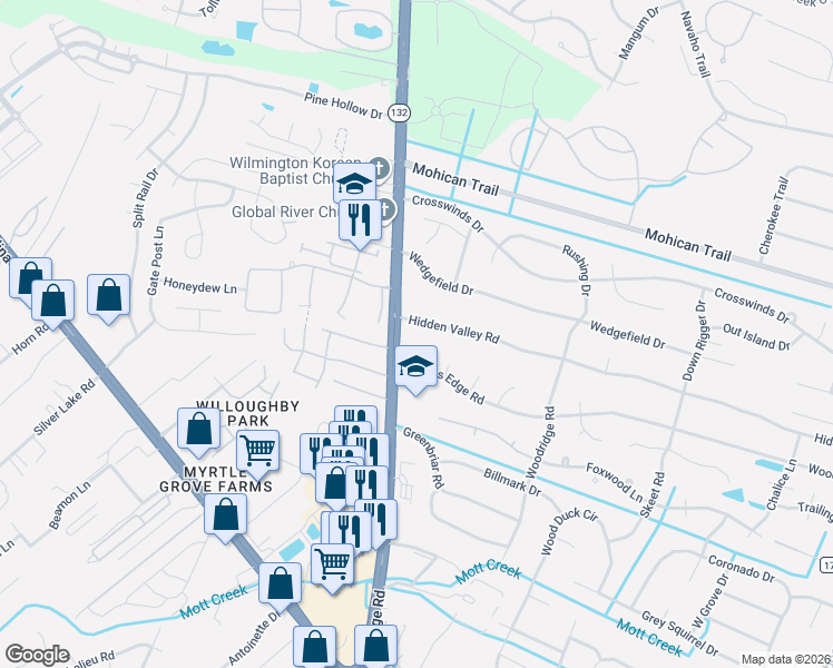 map of restaurants, bars, coffee shops, grocery stores, and more near 1333 Hidden Valley Road in Wilmington