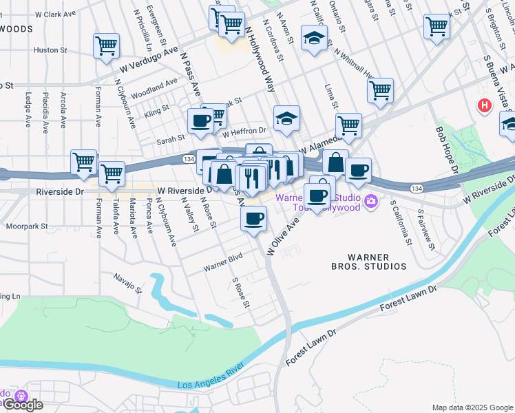 map of restaurants, bars, coffee shops, grocery stores, and more near 151 North Maple Street in Burbank