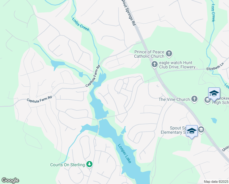 map of restaurants, bars, coffee shops, grocery stores, and more near 6864 Big Sky Drive in Flowery Branch