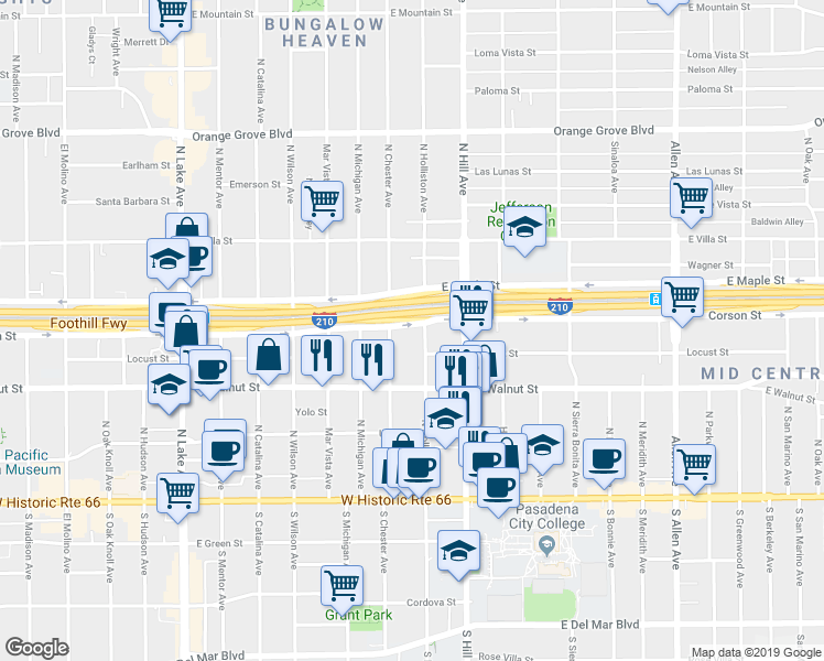 map of restaurants, bars, coffee shops, grocery stores, and more near 1318 Corson Street in Pasadena