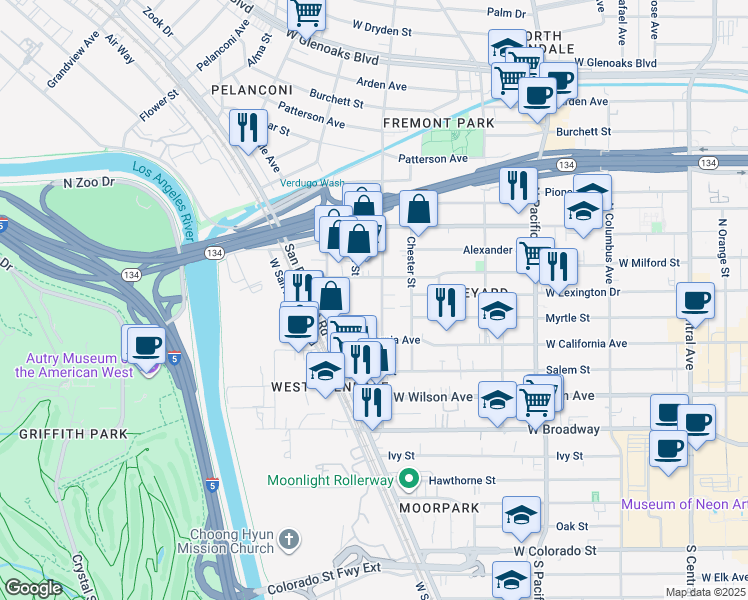 map of restaurants, bars, coffee shops, grocery stores, and more near 409 Concord Street in Glendale