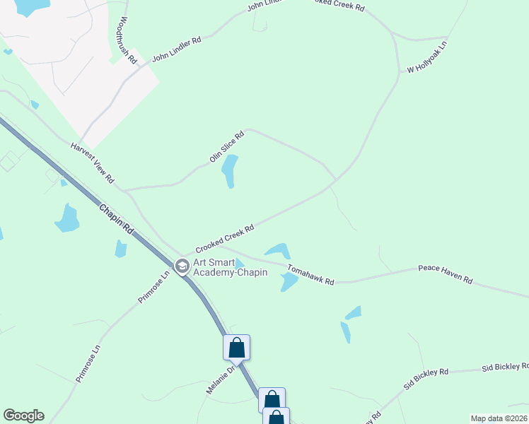 map of restaurants, bars, coffee shops, grocery stores, and more near 245 Crooked Creek Road in Chapin