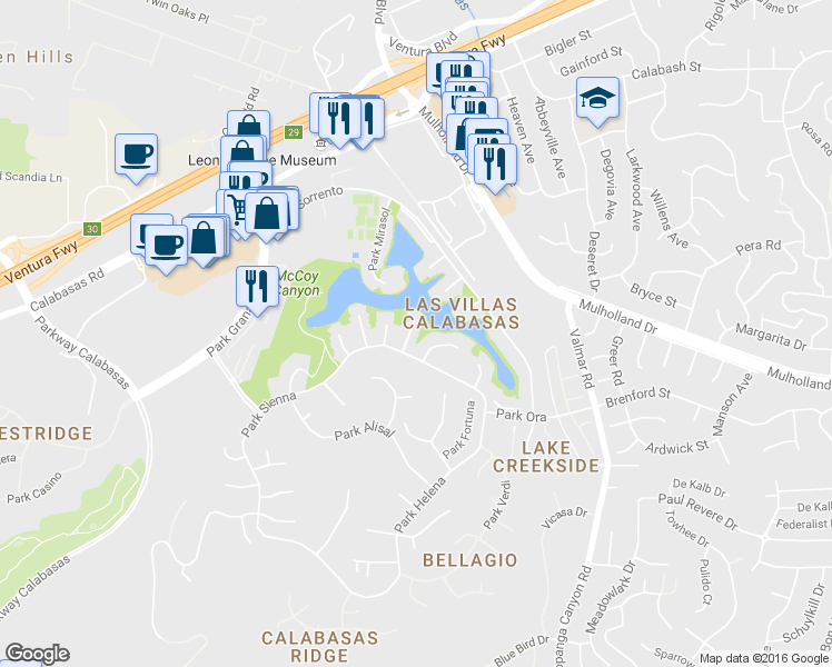 map of restaurants, bars, coffee shops, grocery stores, and more near 4520 Park Cordero in Calabasas