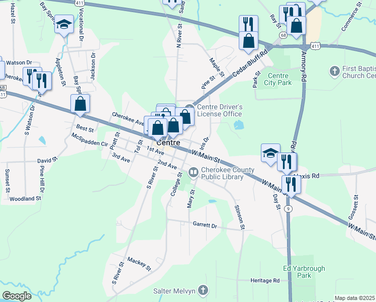 map of restaurants, bars, coffee shops, grocery stores, and more near 420 East Main Street in Centre