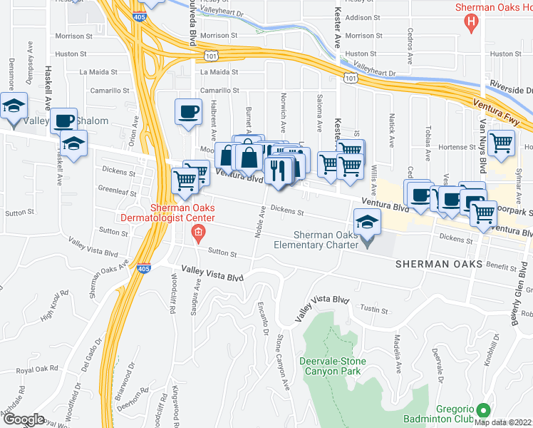 map of restaurants, bars, coffee shops, grocery stores, and more near 4430 Noble Avenue in Los Angeles