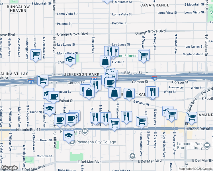 map of restaurants, bars, coffee shops, grocery stores, and more near in Pasadena