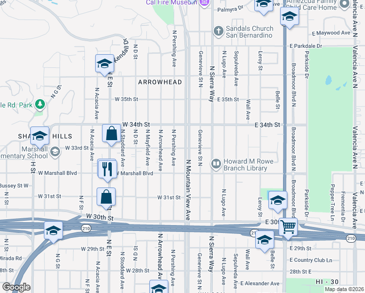 map of restaurants, bars, coffee shops, grocery stores, and more near 3304 North Mountain View Avenue in San Bernardino