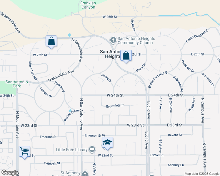 map of restaurants, bars, coffee shops, grocery stores, and more near 2415 Sierra Drive in Upland