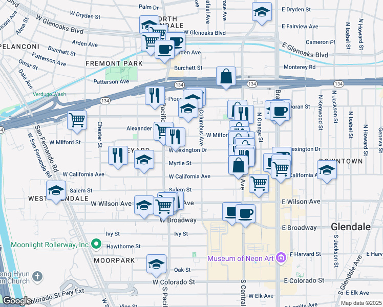 map of restaurants, bars, coffee shops, grocery stores, and more near 416 West Lexington Drive in Glendale