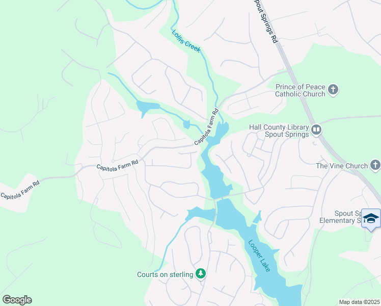 map of restaurants, bars, coffee shops, grocery stores, and more near 7599 Breezy Lake Lane in Flowery Branch
