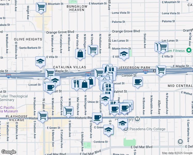 map of restaurants, bars, coffee shops, grocery stores, and more near 1288 Corson Street in Pasadena