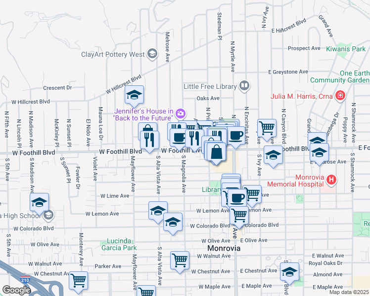 map of restaurants, bars, coffee shops, grocery stores, and more near 114 North Magnolia Avenue in Monrovia