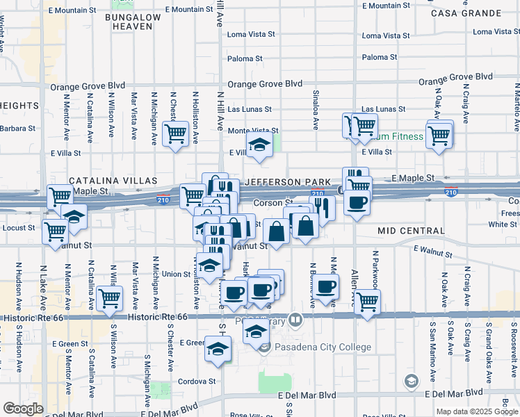 map of restaurants, bars, coffee shops, grocery stores, and more near 1520 Corson Street in Pasadena