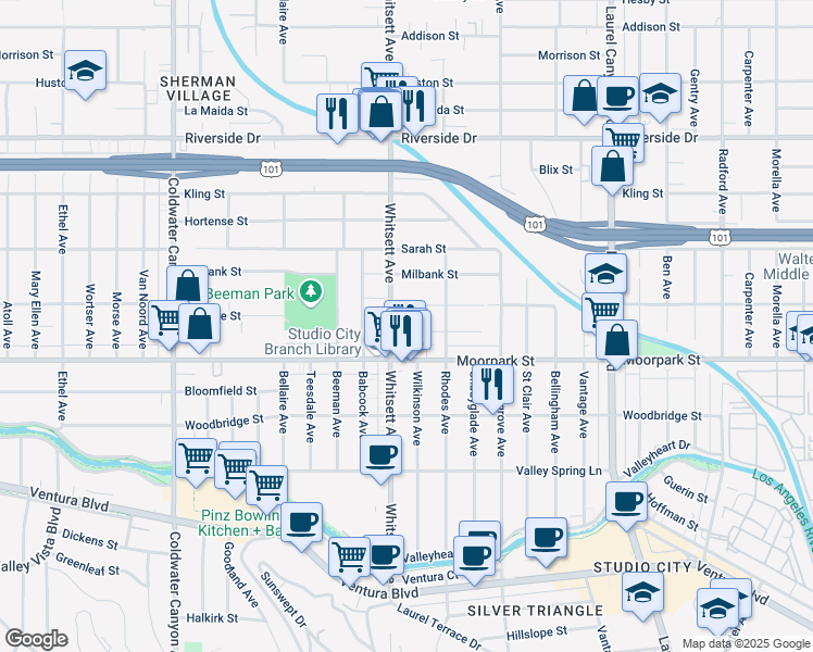 map of restaurants, bars, coffee shops, grocery stores, and more near 12442 Rye Street in Los Angeles