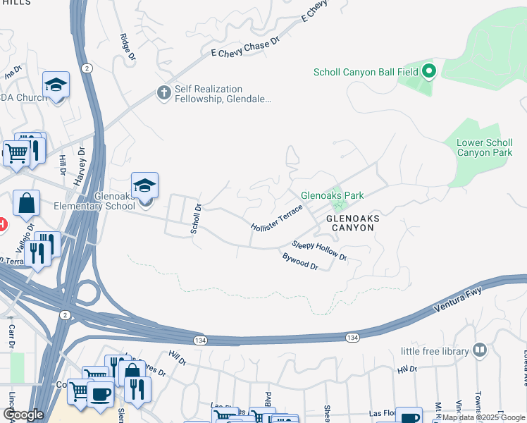 map of restaurants, bars, coffee shops, grocery stores, and more near 2356 Suncourt Terrace in Glendale