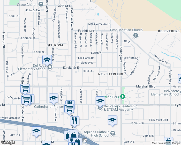 map of restaurants, bars, coffee shops, grocery stores, and more near 25449 33rd Street in San Bernardino