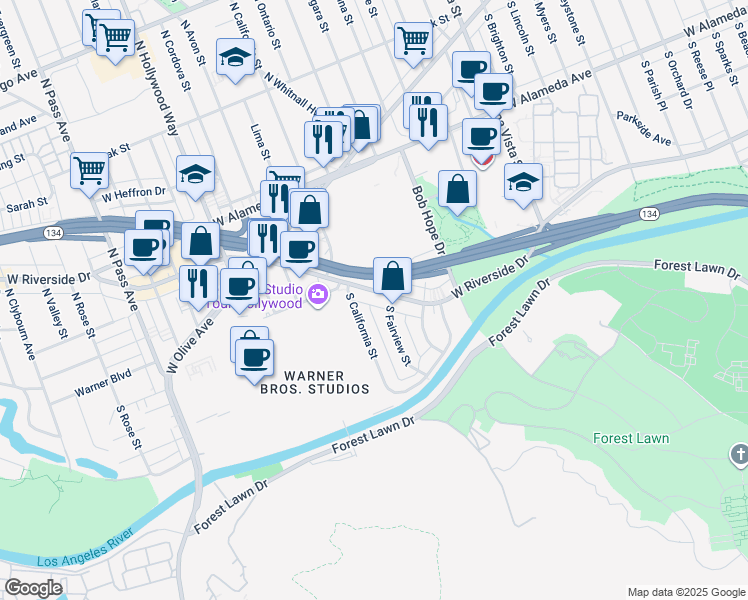 map of restaurants, bars, coffee shops, grocery stores, and more near 3120 West Riverside Drive in Burbank