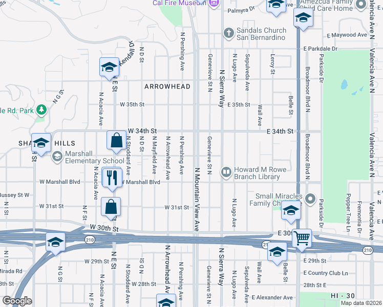 map of restaurants, bars, coffee shops, grocery stores, and more near 3343 North Pershing Avenue in San Bernardino
