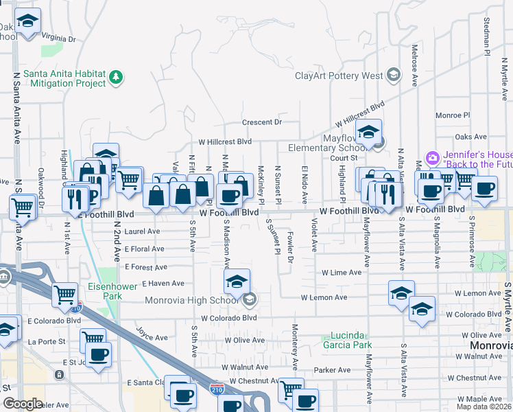 map of restaurants, bars, coffee shops, grocery stores, and more near 833 West Foothill Boulevard in Monrovia