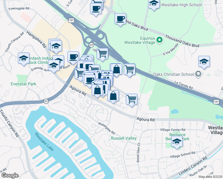 map of restaurants, bars, coffee shops, grocery stores, and more near 2957 Winding Lane in Westlake Village