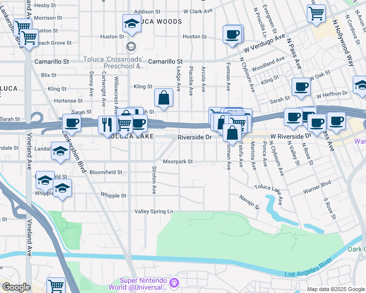map of restaurants, bars, coffee shops, grocery stores, and more near 4440 Ledge Avenue in Los Angeles