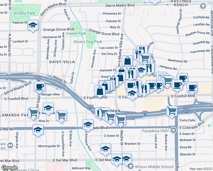 map of restaurants, bars, coffee shops, grocery stores, and more near 3191 La Tierra Street in Pasadena