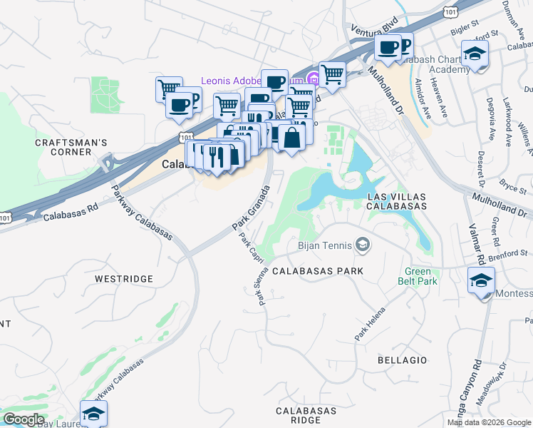 map of restaurants, bars, coffee shops, grocery stores, and more near 4732 Park Granada in Calabasas