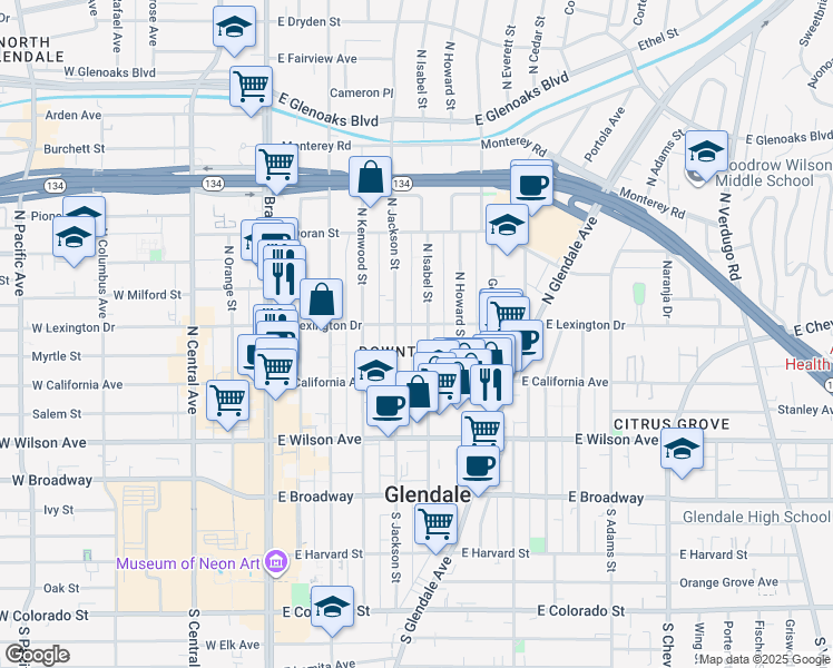 map of restaurants, bars, coffee shops, grocery stores, and more near 515 East Lexington Drive in Glendale