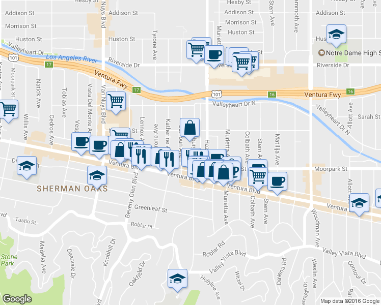 map of restaurants, bars, coffee shops, grocery stores, and more near 4429 Stansbury Avenue in Los Angeles