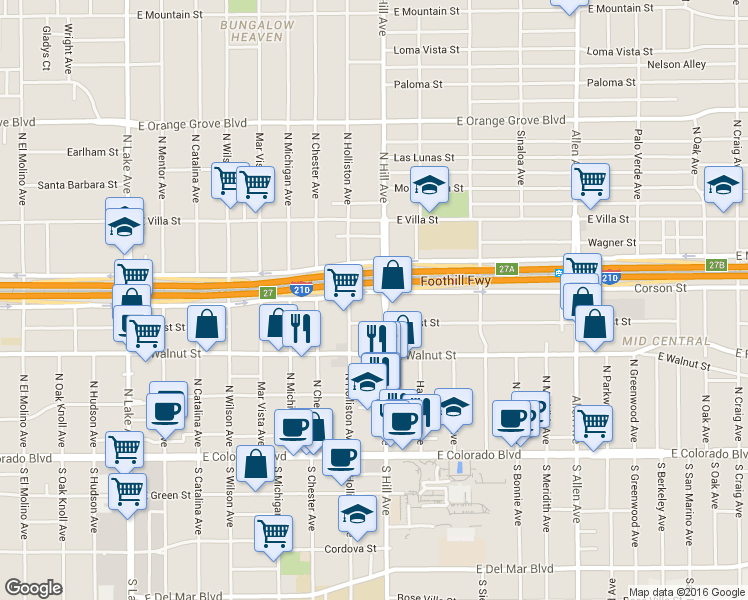 map of restaurants, bars, coffee shops, grocery stores, and more near 333 North Hill Avenue in Pasadena
