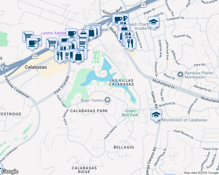 map of restaurants, bars, coffee shops, grocery stores, and more near 4520 Park Cordero in Calabasas