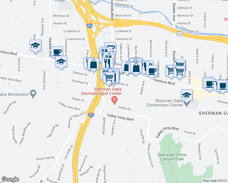 map of restaurants, bars, coffee shops, grocery stores, and more near 4506 Saugus Avenue in Los Angeles