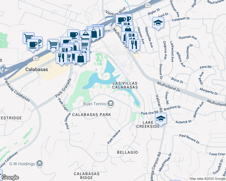 map of restaurants, bars, coffee shops, grocery stores, and more near 4520 Park Cordero in Calabasas