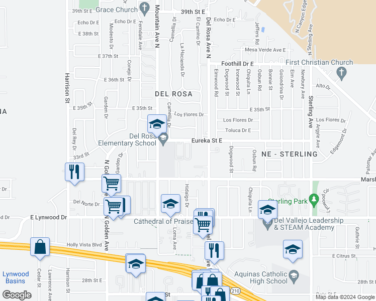 map of restaurants, bars, coffee shops, grocery stores, and more near 3350 Del Rosa Avenue North in San Bernardino