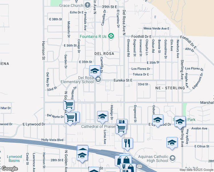map of restaurants, bars, coffee shops, grocery stores, and more near 1490 Eureka Street East in San Bernardino