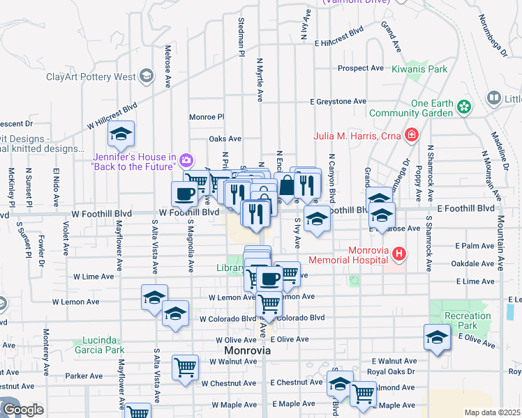 map of restaurants, bars, coffee shops, grocery stores, and more near 115 East Foothill Boulevard in Monrovia